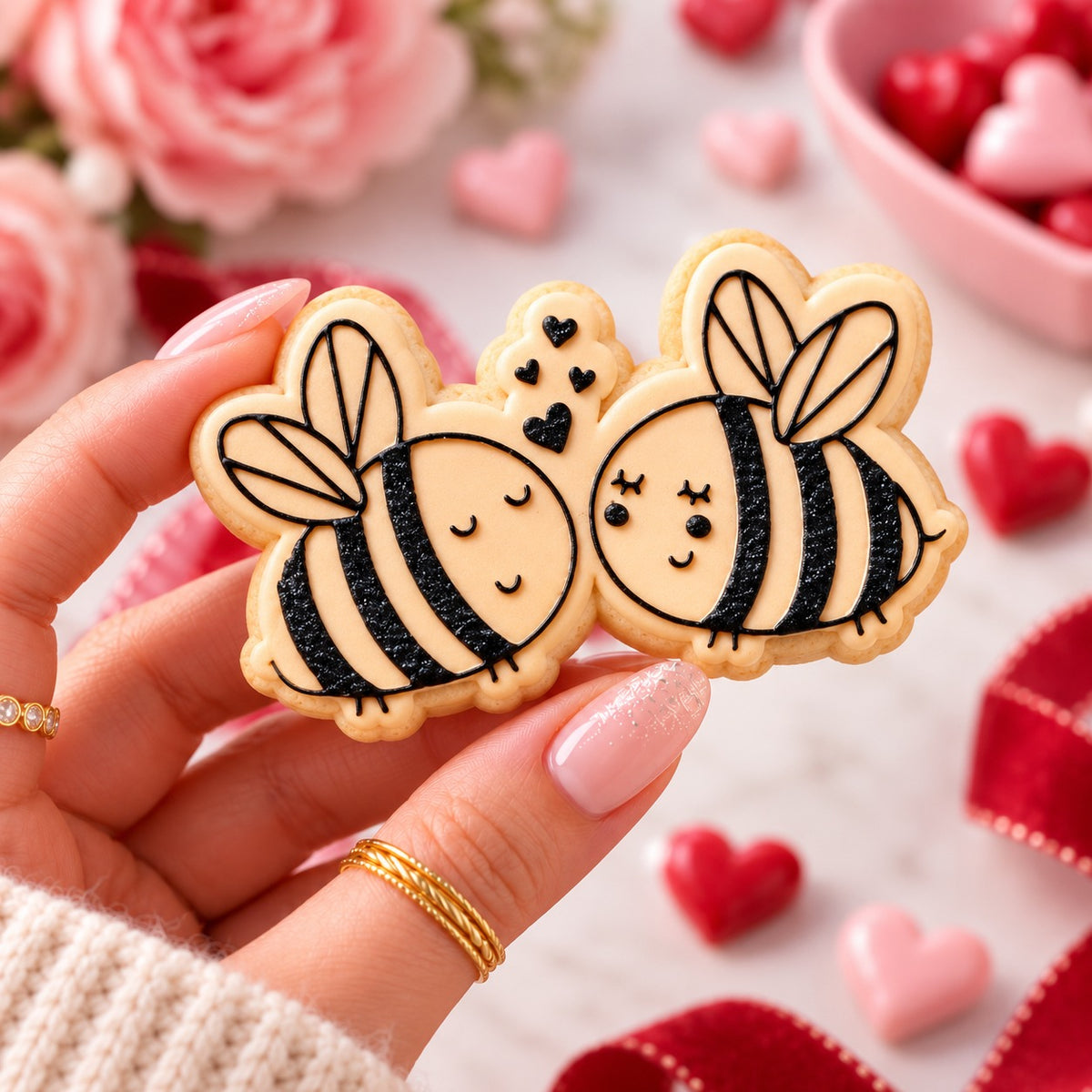 Two Bees In Love Valentine's Cookie Cutter and Embosser - decorated cookie held in hand