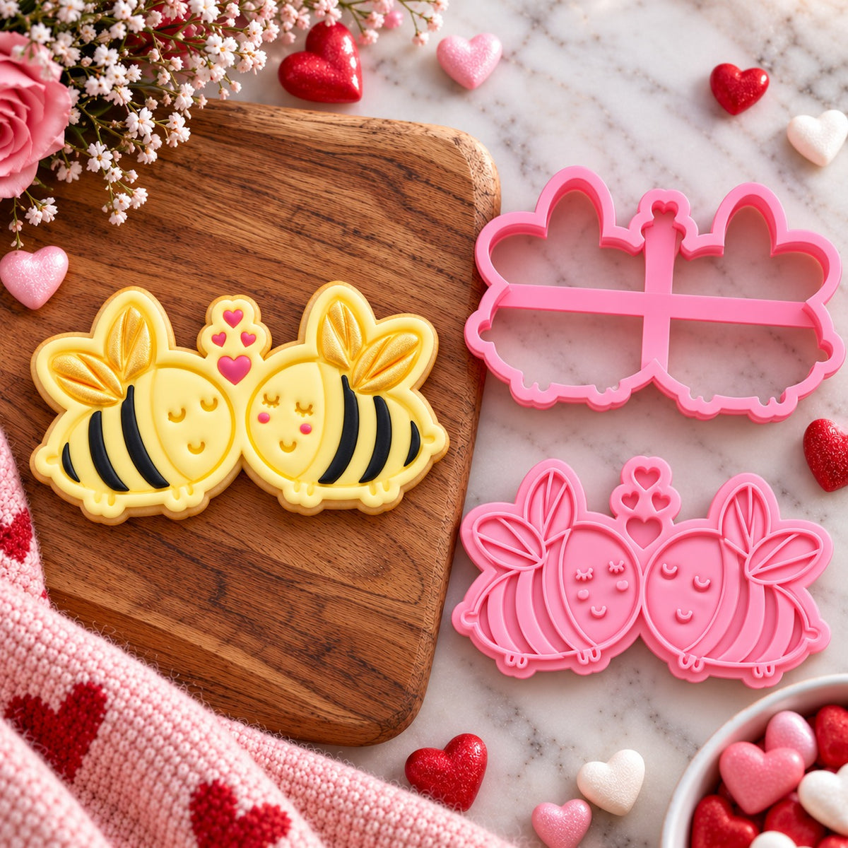 Two Bees In Love Valentine's Cookie Cutter and Stamp - flat lay with the finished cookie