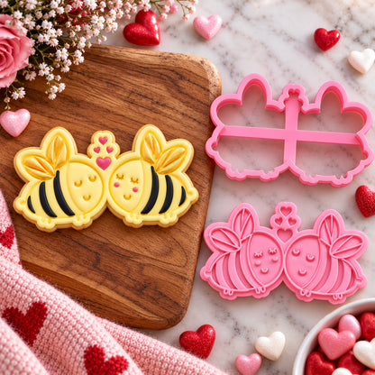 Two Bees In Love Valentine's Cookie Cutter and Stamp - flat lay with the finished cookie