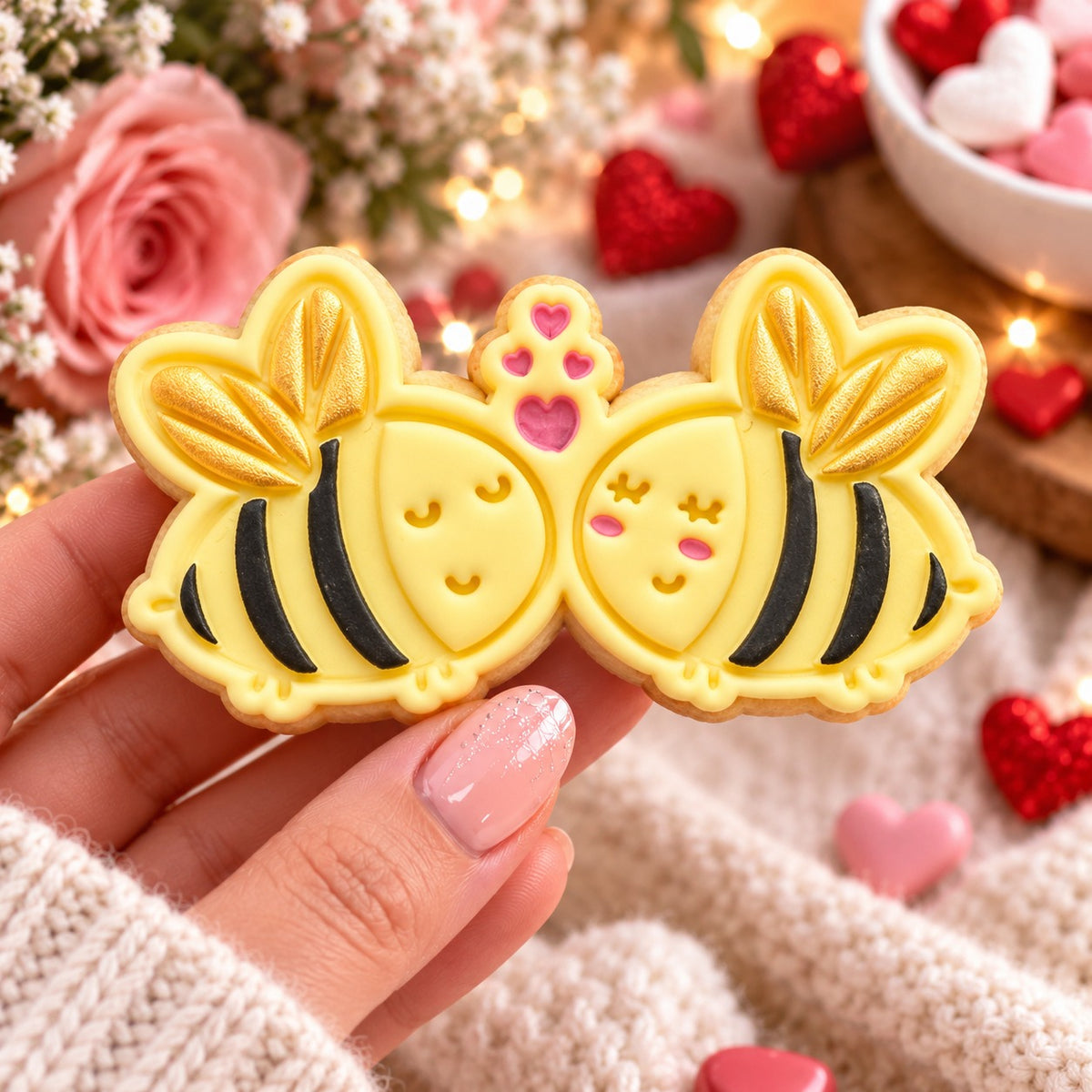 Two Bees In Love Valentine's Cookie Cutter and Stamp - decorated cookie held in hand