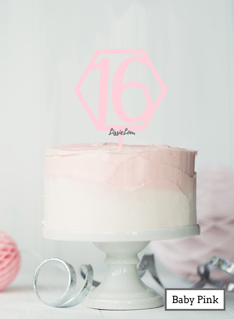 Hexagon 16th Birthday Cake Topper Premium 3mm Acrylic Baby Pink