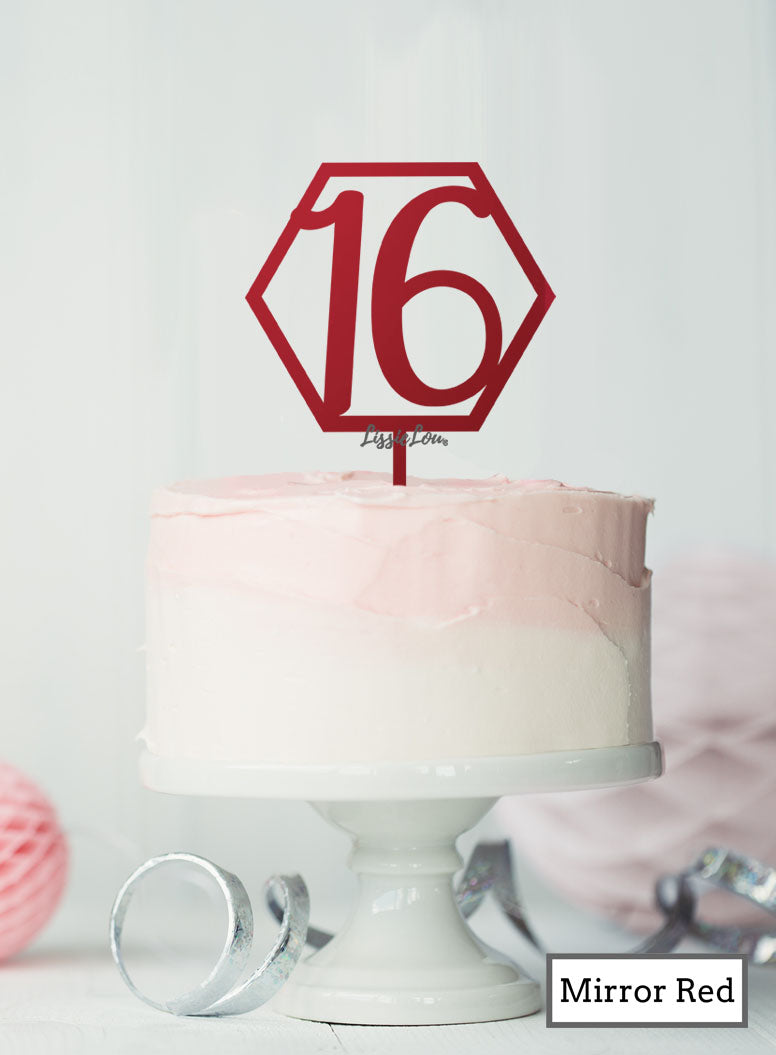 Hexagon 16th Birthday Cake Topper Premium 3mm Acrylic Mirror Red