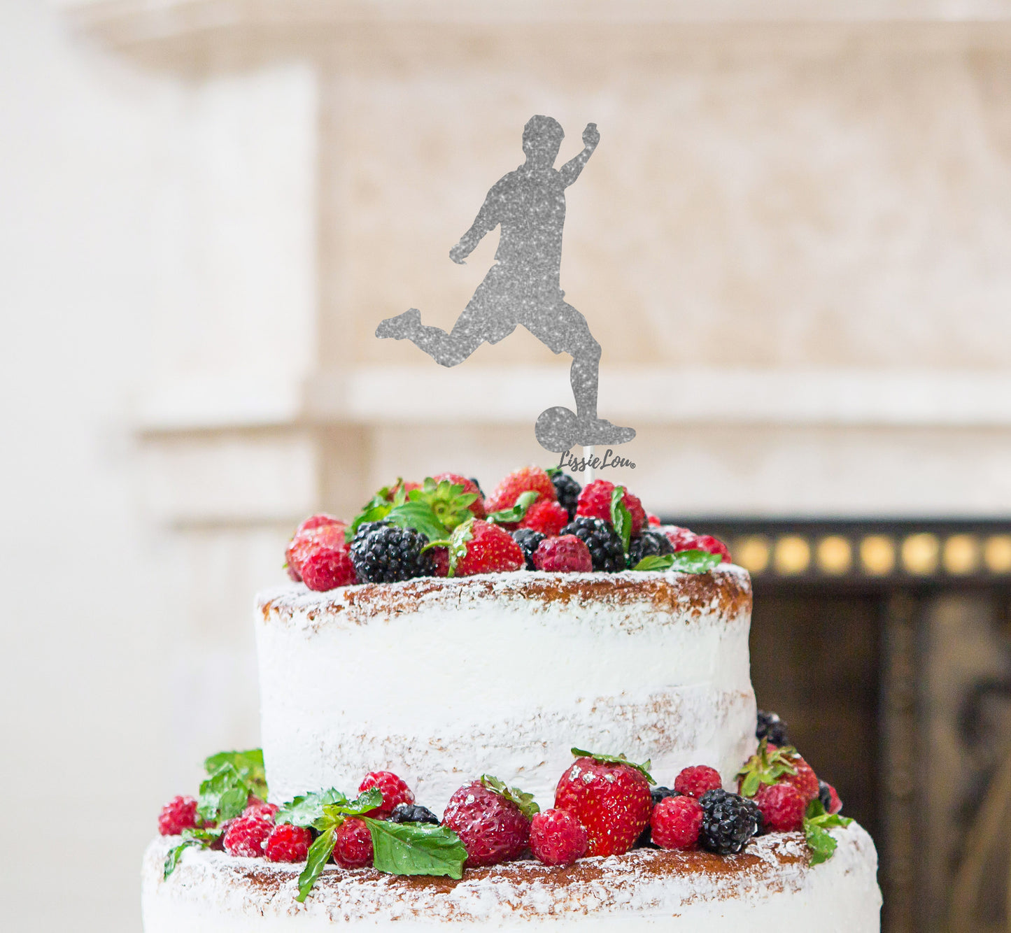 Footballer Kicking Cake Topper Glitter Card Silver