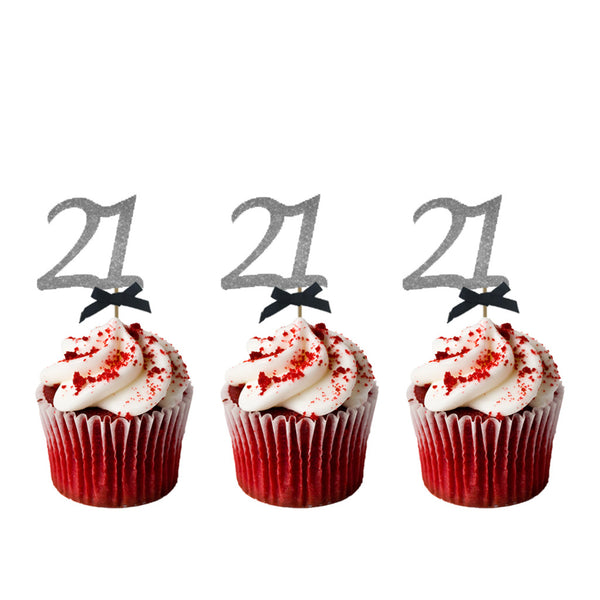 21st Glitter Cupcake Toppers Silver and Black