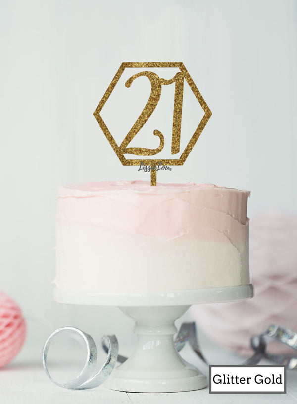 Hexagon 21st Birthday Cake Topper Premium 3mm Acrylic Glitter Gold