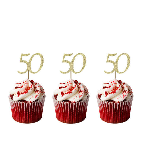 50th Birthday Glitter Cupcake Toppers Gold