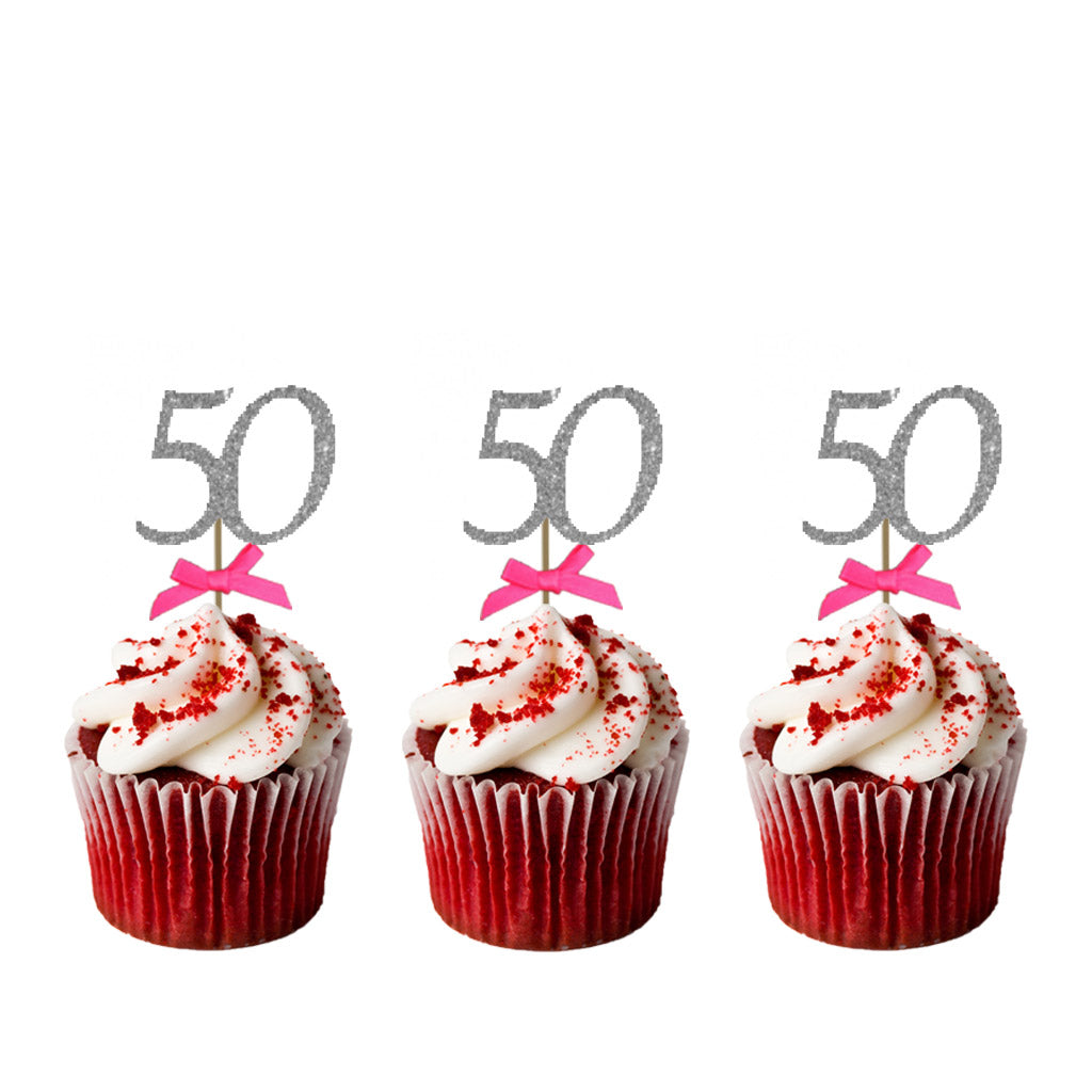 50th Birthday Glitter Cupcake Toppers with Bows Silver and Hot Pink