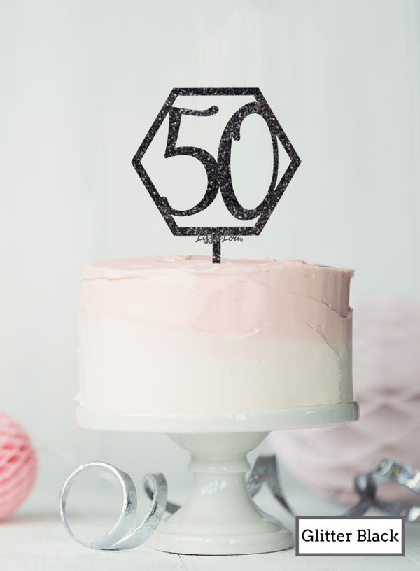 Hexagon 50th Birthday Cake Topper Premium 3mm Acrylic Glitter Black