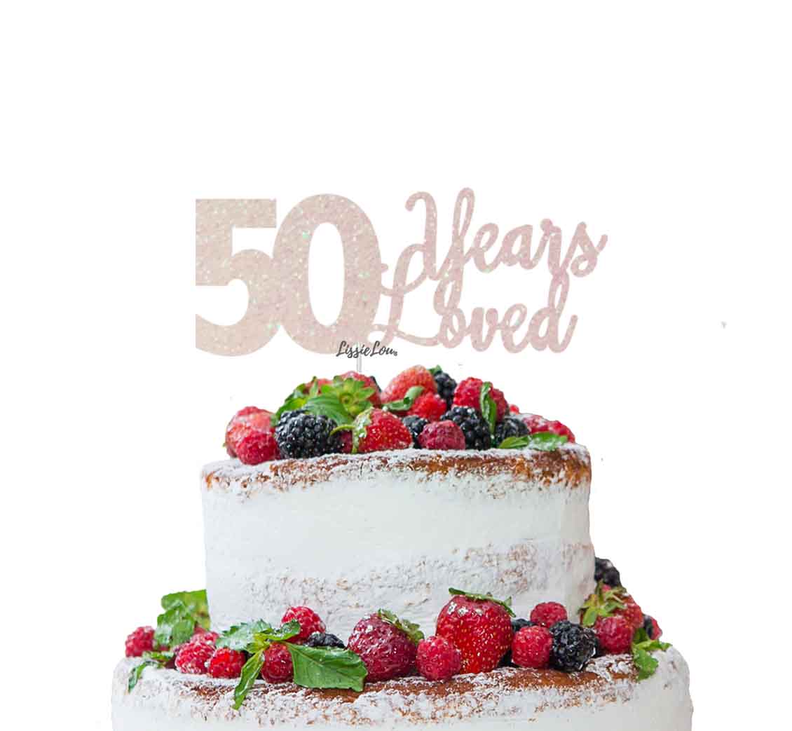 50 Years Loved Cake Topper 50th Birthday Glitter Card White