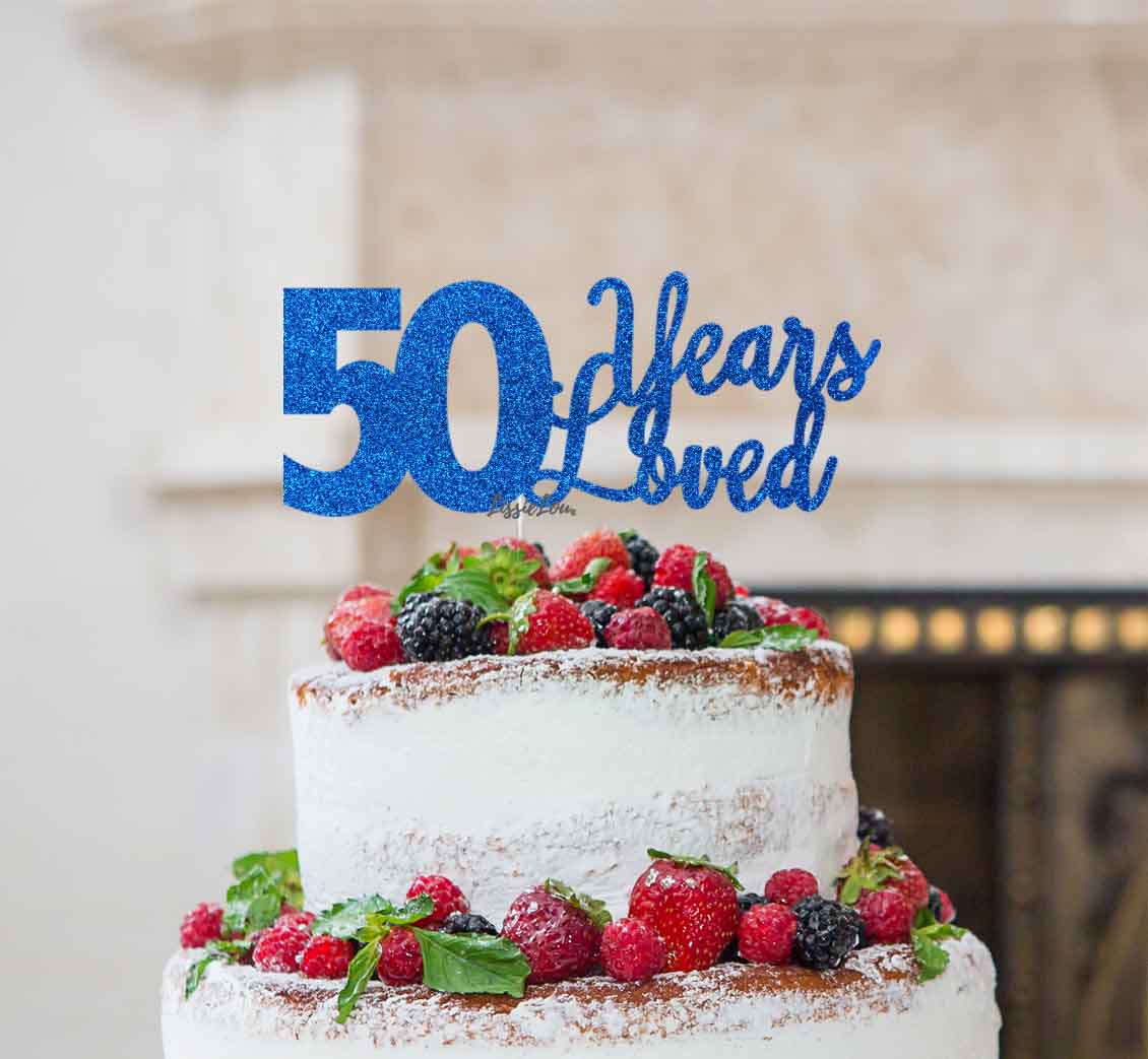 50 Years Loved Cake Topper 50th Birthday Glitter Card Dark Blue