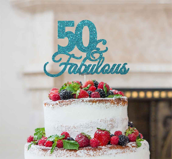 50 & Fabulous Cake Topper 50th Birthday Glitter Card Light Blue