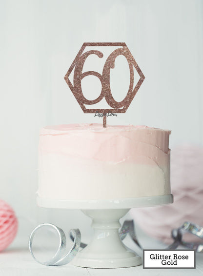 Hexagon 60th Birthday Cake Topper Premium 3mm Acrylic Glitter Rose Gold