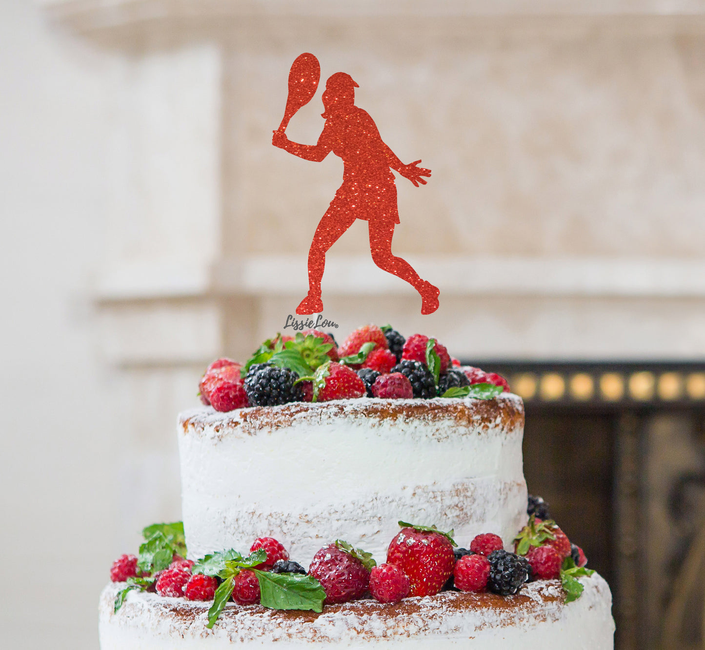 Tennis Female Cake Topper Glitter Card Red