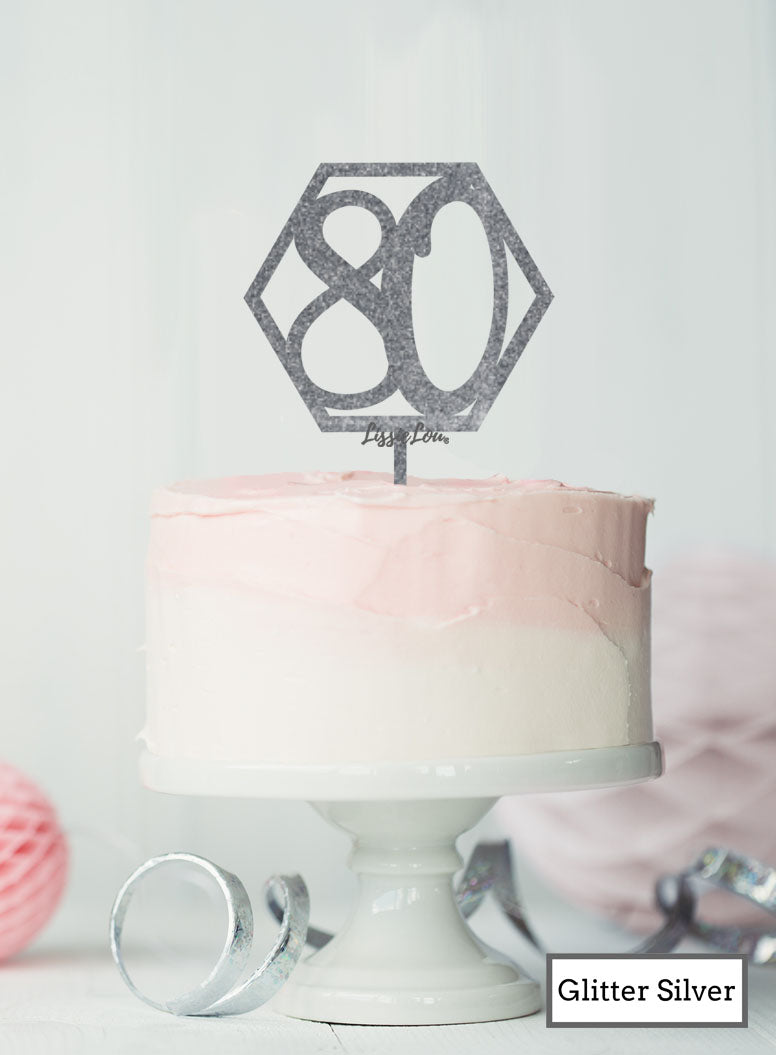 Hexagon 80th Birthday Cake Topper Premium 3mm Acrylic Glitter Silver