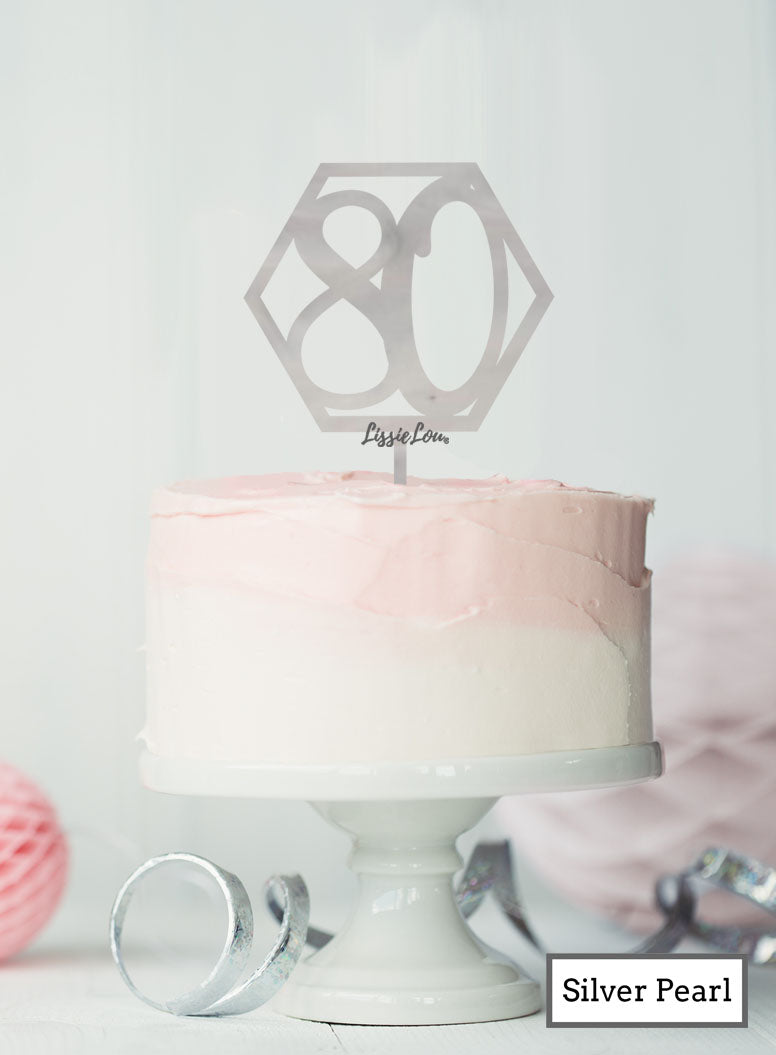 Hexagon 80th Birthday Cake Topper Premium 3mm Acrylic Silver Pearl Effect