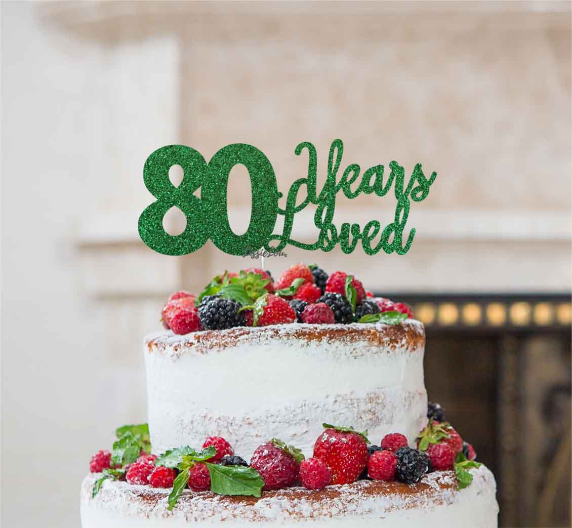 80 Years Loved Cake Topper 80th Birthday Glitter Card Green