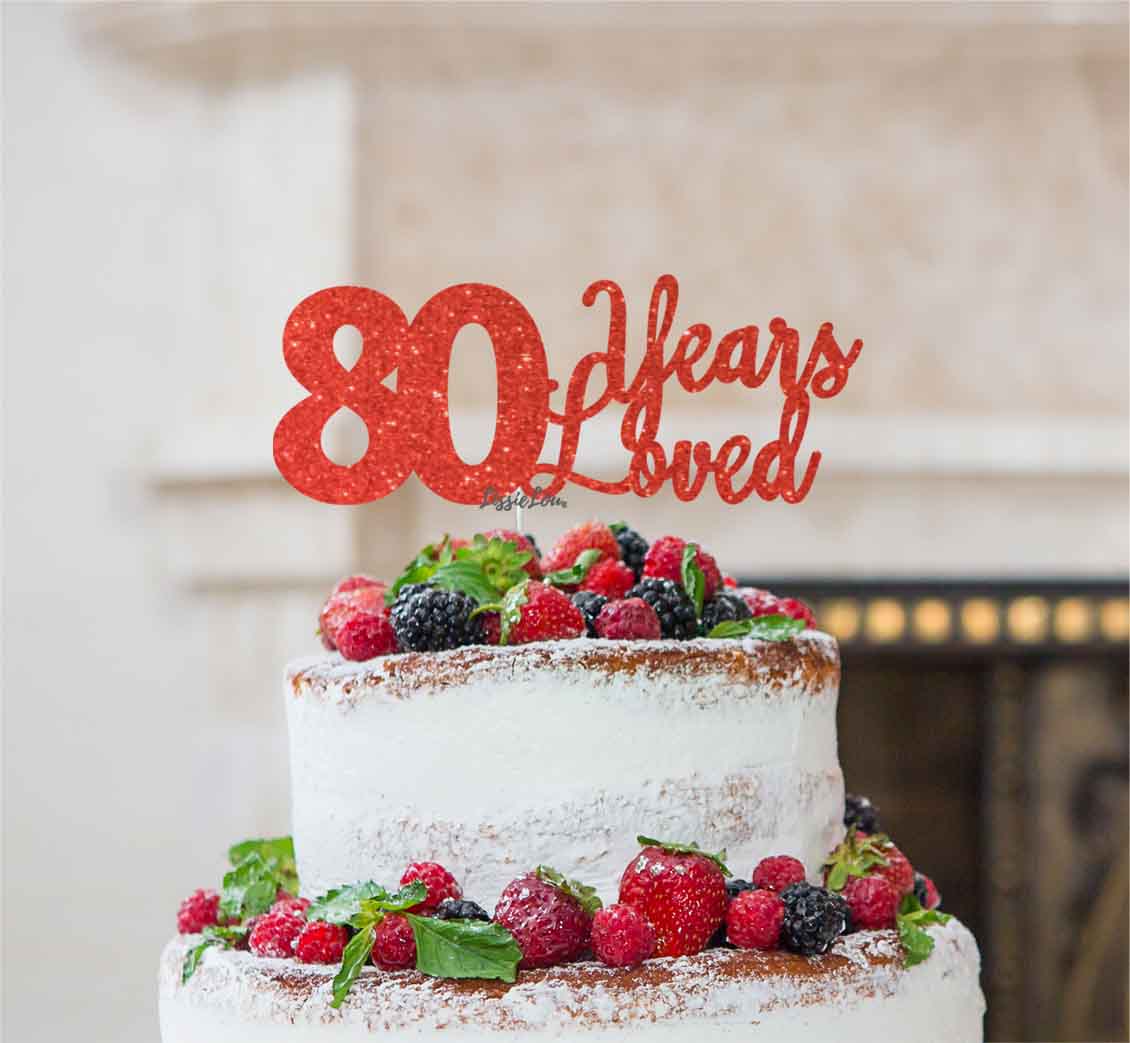 80 Years Loved Cake Topper 80th Birthday Glitter Card Red