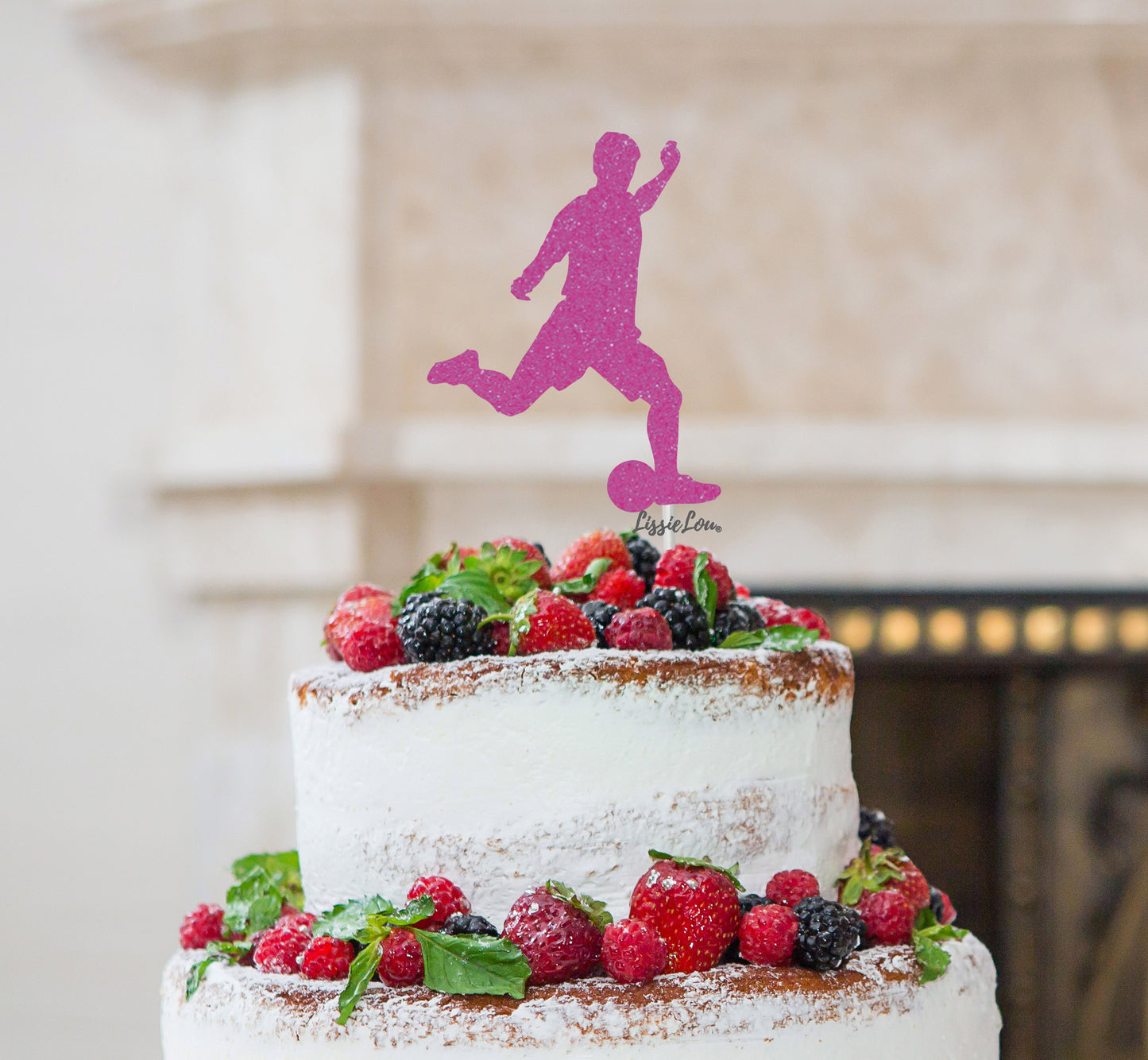 Footballer Kicking Cake Topper Glitter Card Hot Pink