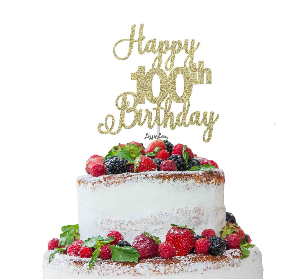 Happy 100th Birthday Pretty Cake Topper Glitter Card Gold
