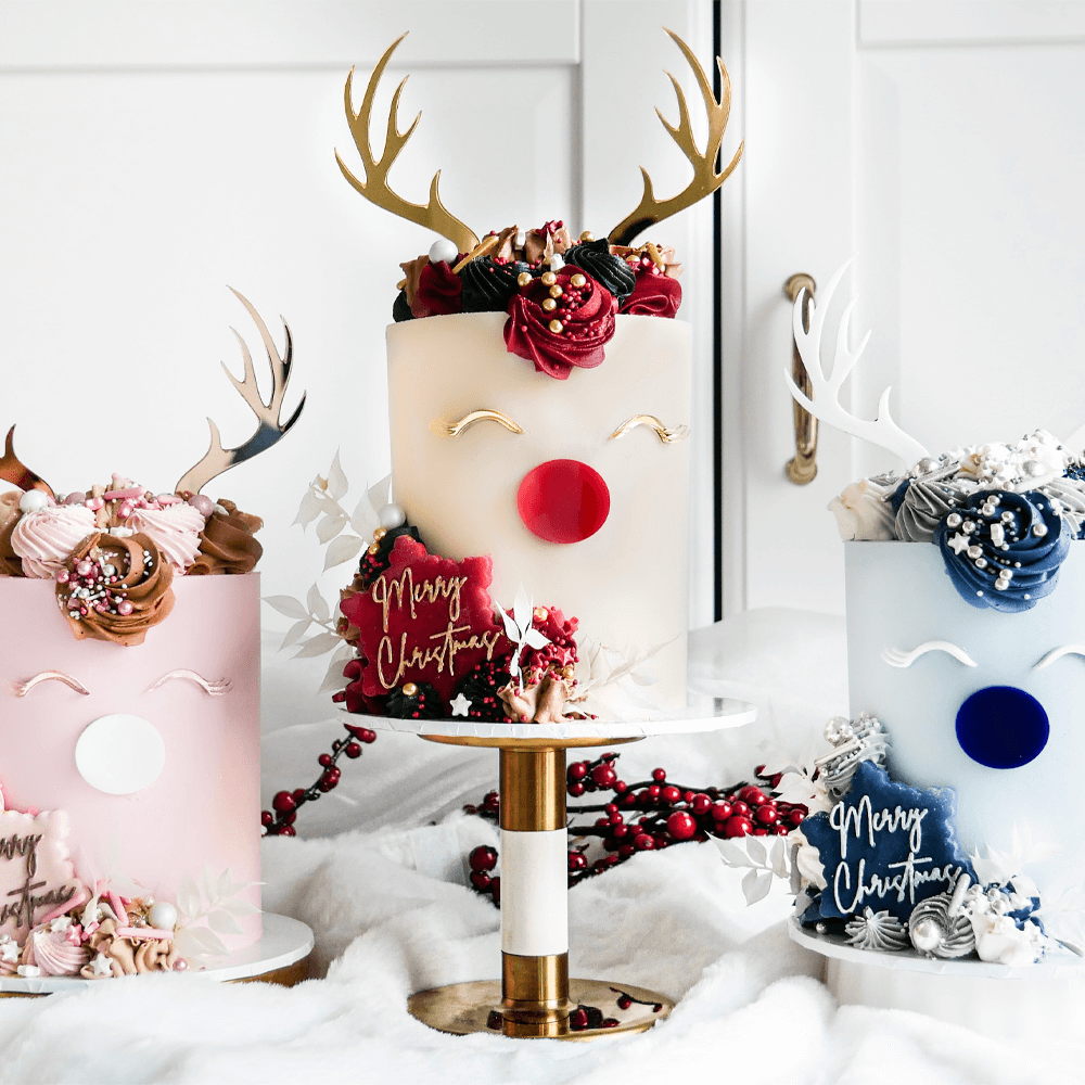 Modern Rudolf Antler Set Christmas Cake Topper Premium 3mm Acrylic - Mirror Rose Gold and White