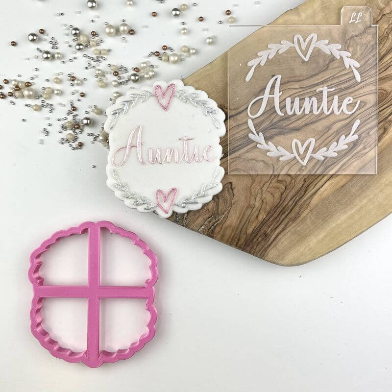 Auntie with Heart and Vine Border Mother's Day Cookie Cutter and Embosser