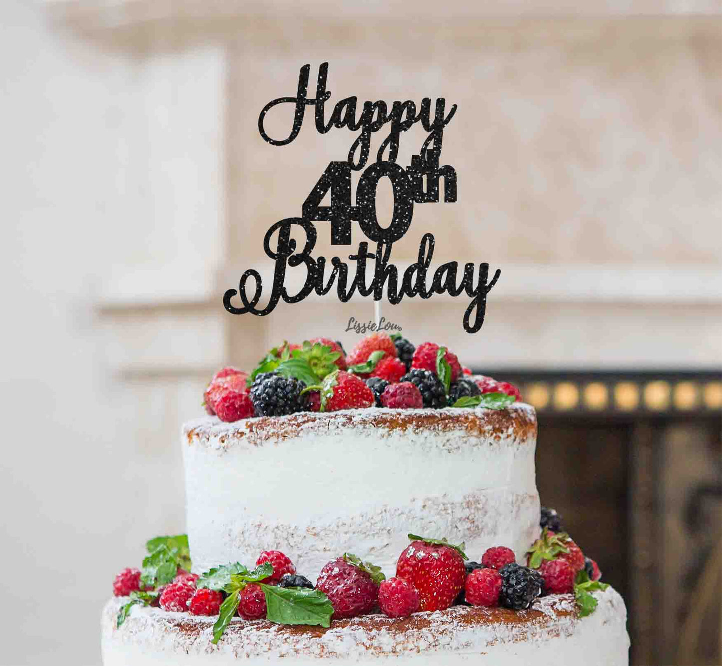 Happy 40th Birthday Pretty Cake Topper Glitter Card Black