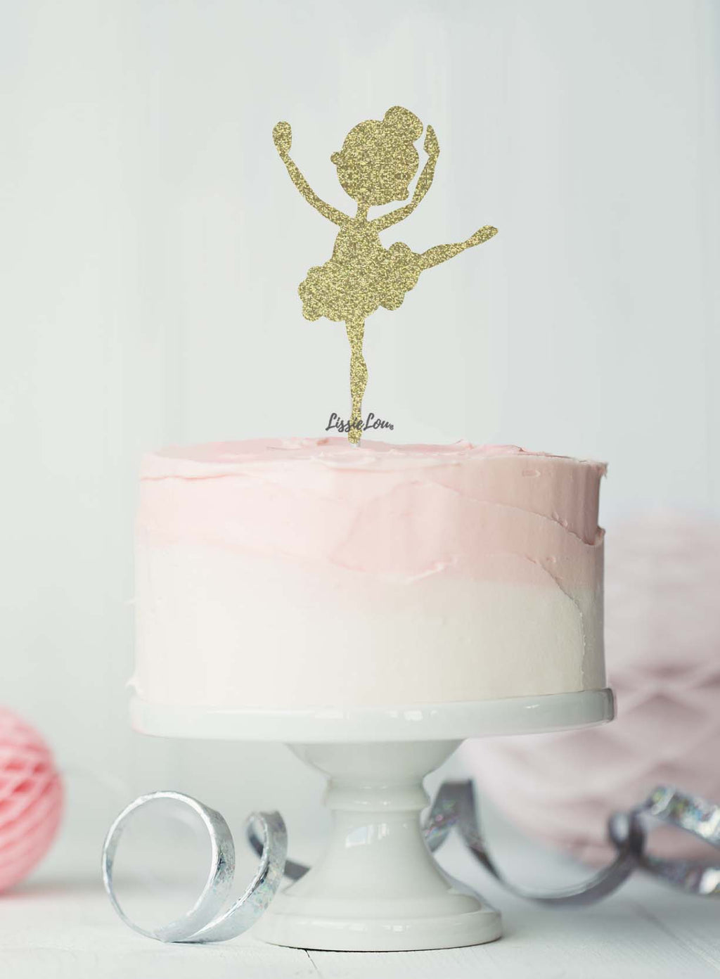 Ballerina Dancing Birthday Cake Topper Glitter Card Gold