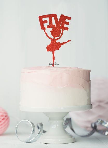 Ballerina Five 5th Birthday Cake Topper Glitter Card Red