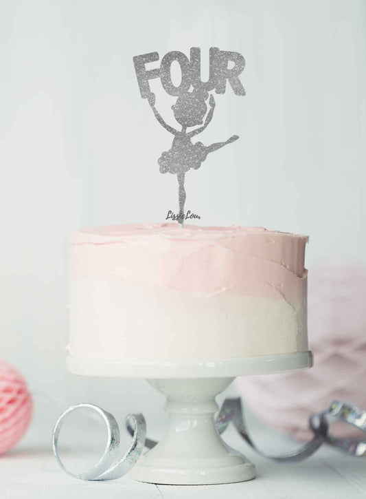 Ballerina Four 4th Birthday Cake Topper Glitter Card Silver