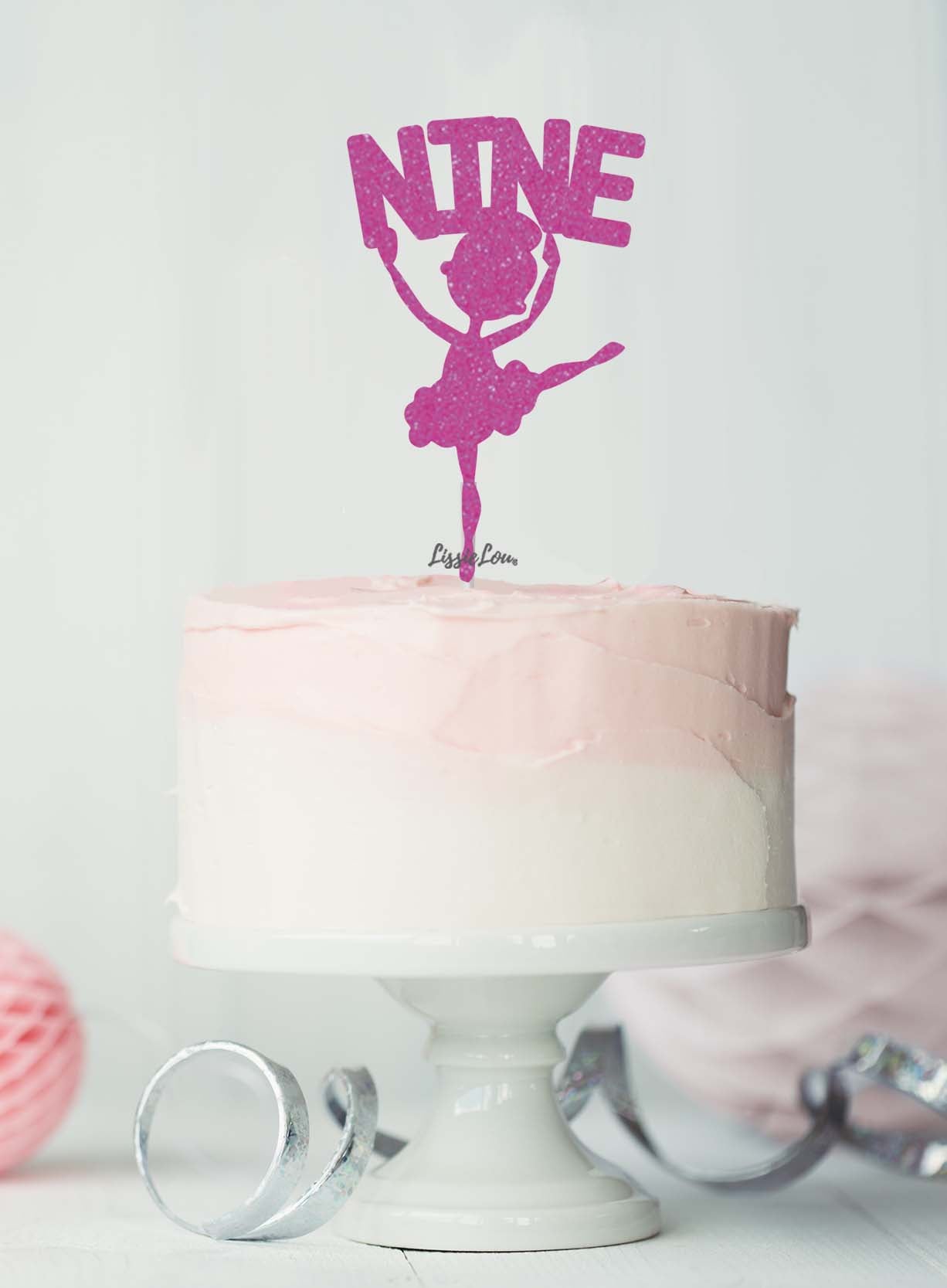 Ballerina Nine 9th Birthday Cake Topper Glitter Card Hot Pink