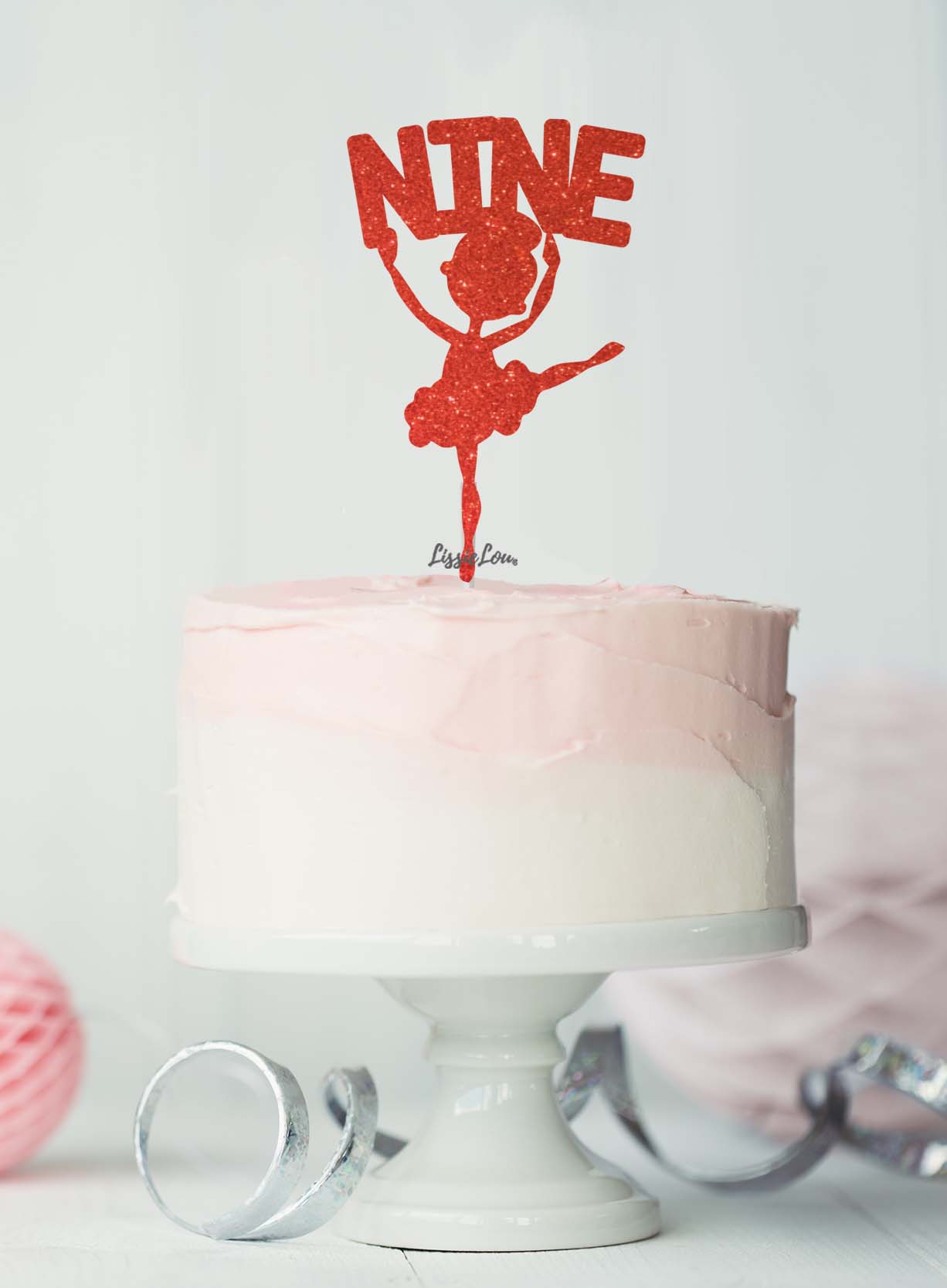 Ballerina Nine 9th Birthday Cake Topper Glitter Card Red