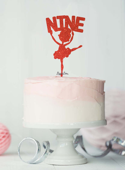 Ballerina Nine 9th Birthday Cake Topper Glitter Card Red