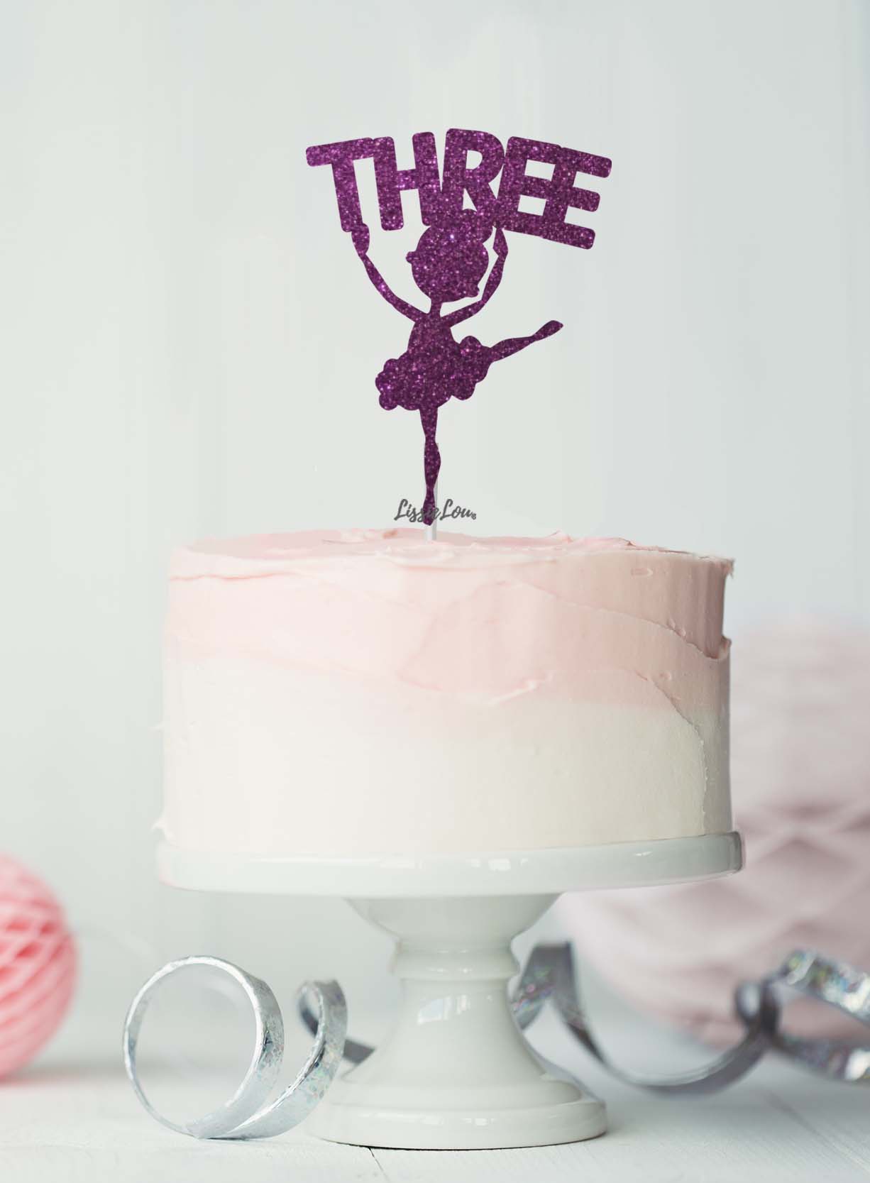 Ballerina Three 3rd Birthday Cake Topper Glitter Card Dark Purple