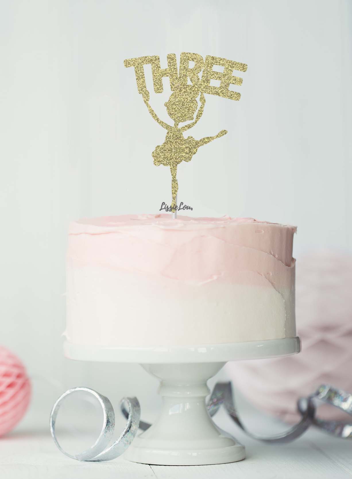 Ballerina Three 3rd Birthday Cake Topper Glitter Card Gold