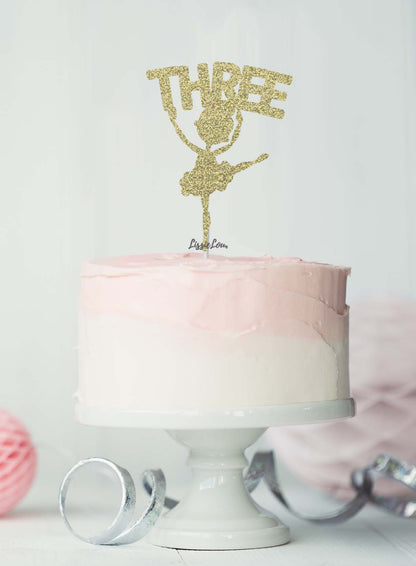 Ballerina Three 3rd Birthday Cake Topper Glitter Card Gold