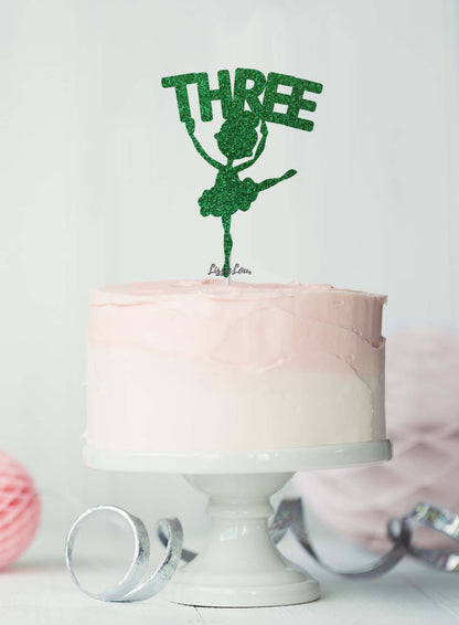 Ballerina Three 3rd Birthday Cake Topper Glitter Card Green