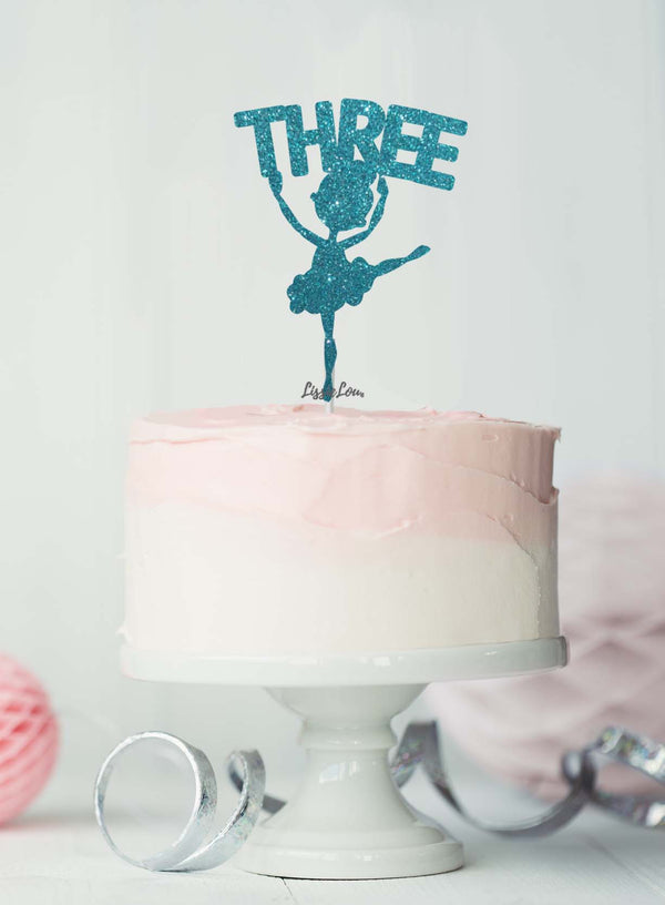 Ballerina Three 3rd Birthday Cake Topper Glitter Card Light Blue