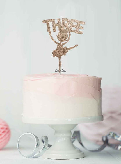 Ballerina Three 3rd Birthday Cake Topper Glitter Card Rose Gold