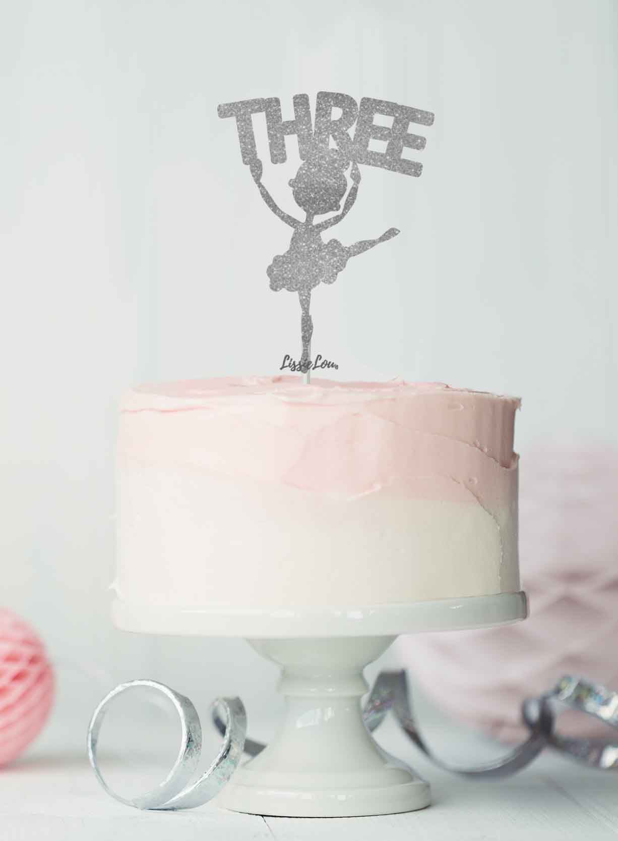 Ballerina Three 3rd Birthday Cake Topper Glitter Card Silver