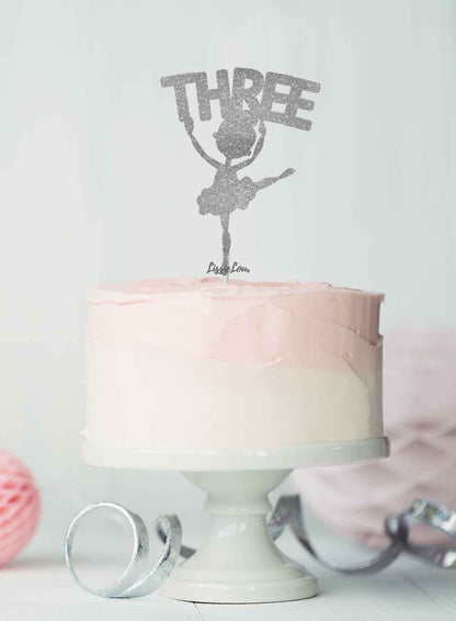 Ballerina Three 3rd Birthday Cake Topper Glitter Card Silver