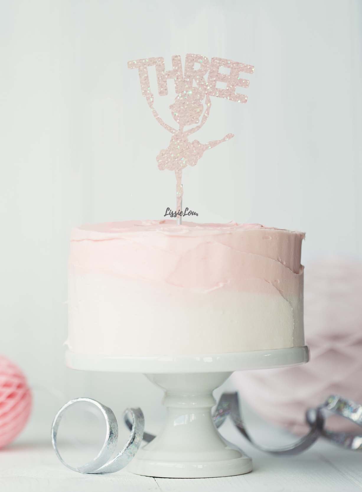 Ballerina Three 3rd Birthday Cake Topper Glitter Card White