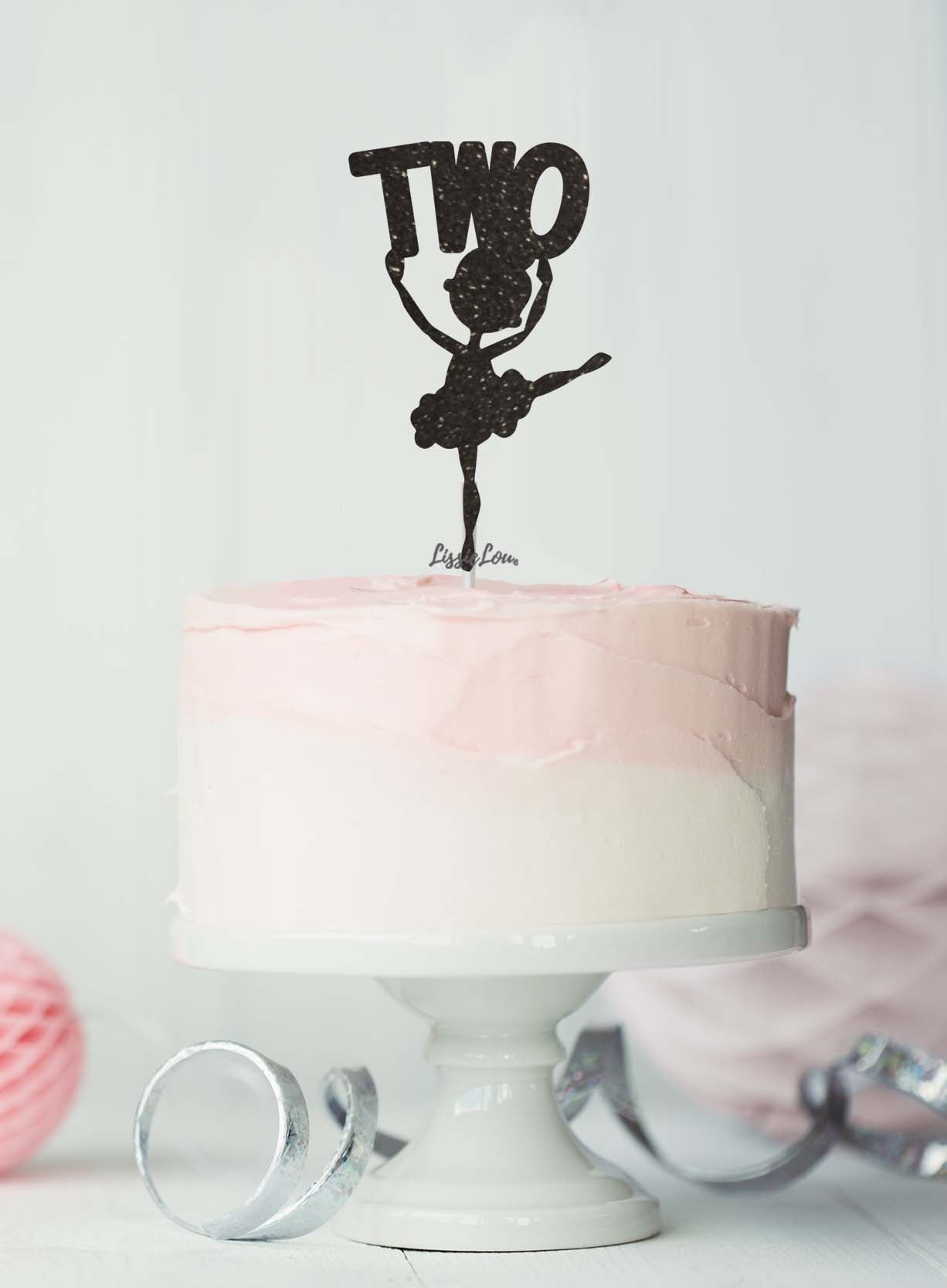 Ballerina Two 2nd Birthday Cake Topper Glitter Card Black