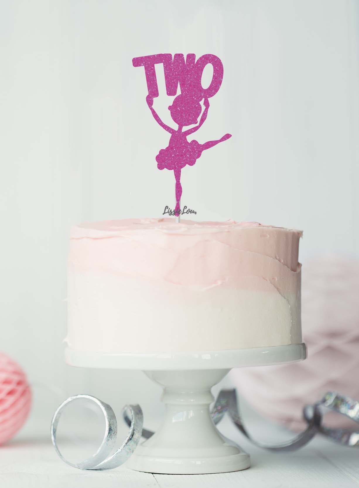 Ballerina Two 2nd Birthday Cake Topper Glitter Card Hot Pink