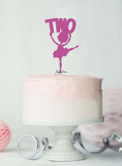 Ballerina Two 2nd Birthday Cake Topper Glitter Card Hot Pink