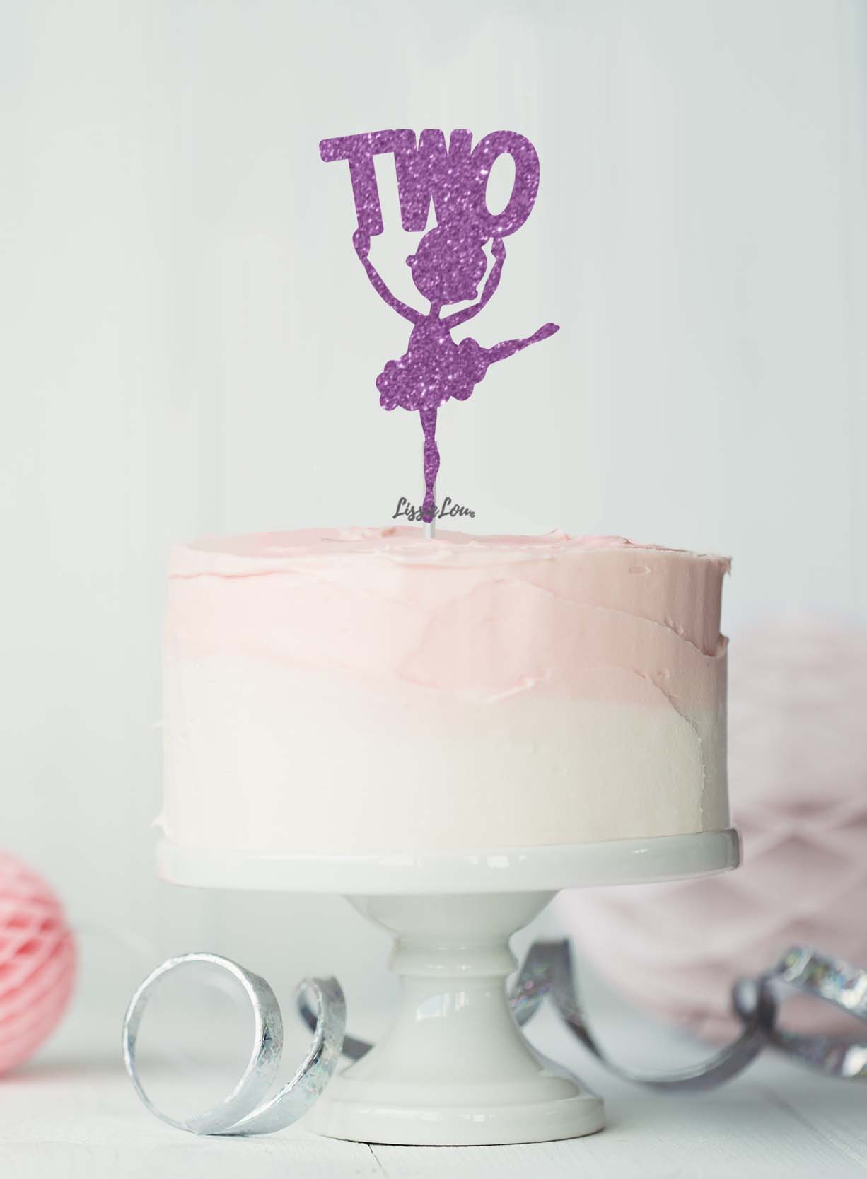 Ballerina Two 2nd Birthday Cake Topper Glitter Card Light Purple