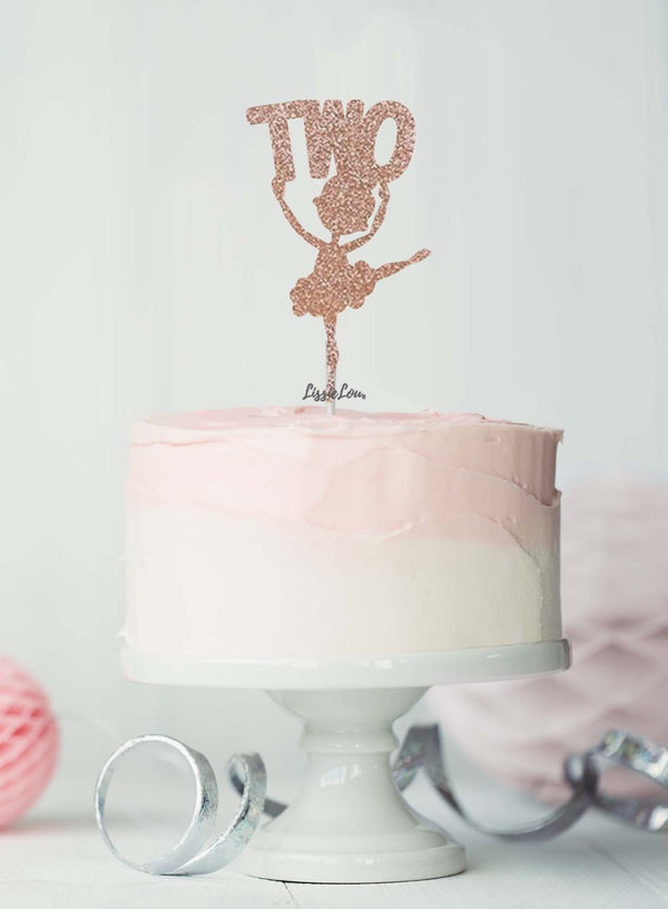 Ballerina Two 2nd Birthday Cake Topper Glitter Card Rose Gold