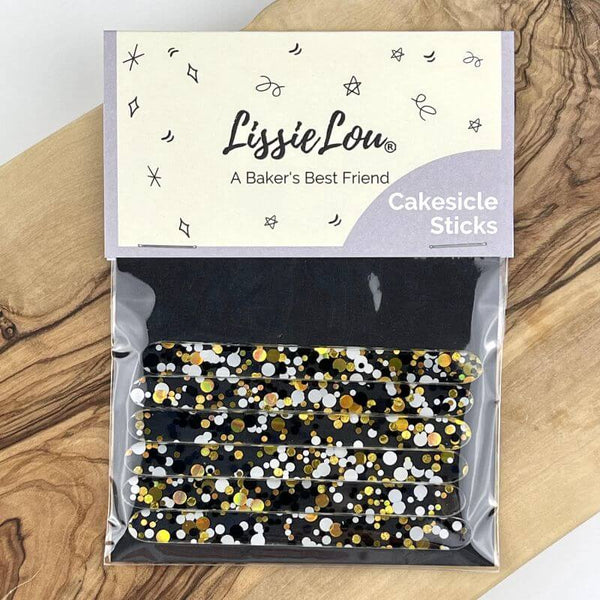 Black, Gold & White Fleck Acrylic Cakesicle Lollipop Sticks