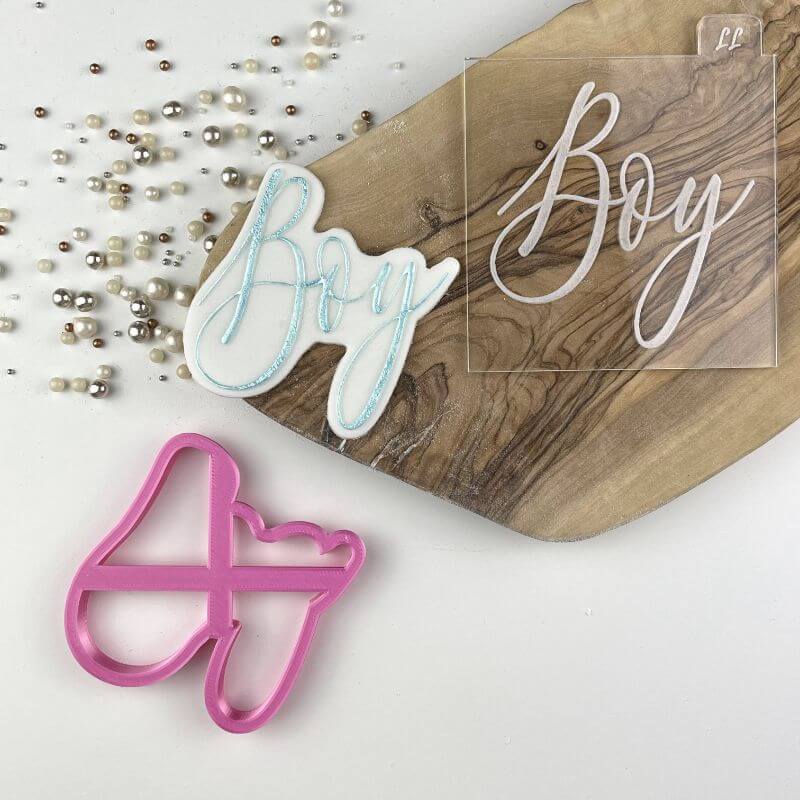 Boy in Florence Font Baby Shower Cookie Cutter and Embosser