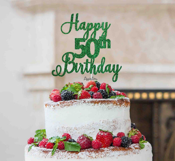 Happy 50th Birthday Pretty Cake Topper Glitter Card Green