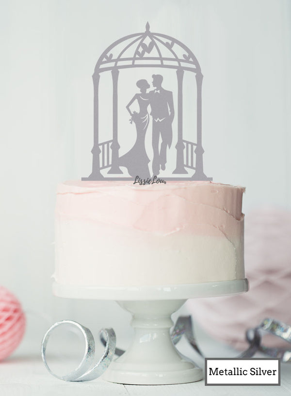 Silhouette Couple Under Pergola Wedding Cake Topper Premium 3mm Acrylic Metallic Silver